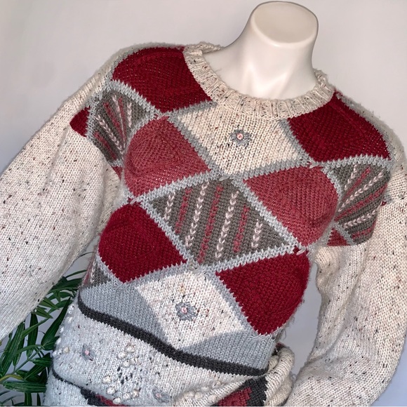 v i n t a g e :: Long Plaid Floral Embroidered Granny Knit Sweater - Picture 2 of 11